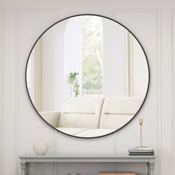 48" Round Mirror, Wall Circle Mirrors with Metal Framed, Circular Vanity Mirror Dressing Mirror for Bathroom, Living Room, Bedroom Wall Decor, Black