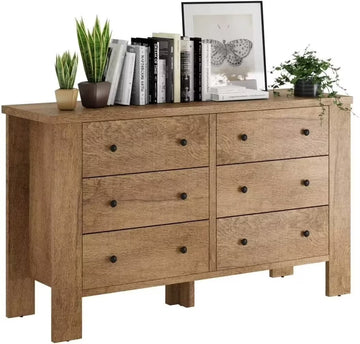 Chest Dresser, Modern Dresser with 6 Wood Drawers and Round Shape Handle, Wide Chest of Drawers, Light Brown