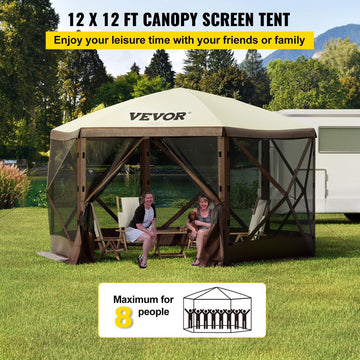 Quick Setup 12x12 Foot Gazebo Tent, 6-Sided Canopy with Mesh Screens & Carry Bag Sun Shade Shelter for Outdoor Events, Backyard, Picnic (Beige/Brown)