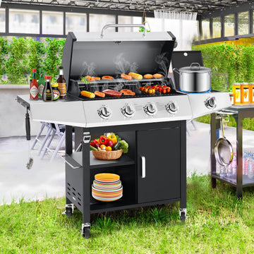 4-Burner BBQ Grill W/Side Burner, 50,000BTU Gas Propane Grill Portable with Storage Cabinet, Heavy-Duty Stainless Steel Outdoor Cooking, with Tank Hook, Towel Rack, Steel Brush
