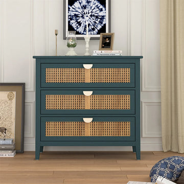 3-Drawer Cabinet,Accent Storage Cabinet with Metal Handles,Wood Side Table End Table with 3 Rattan Drawers,Free Standing Console Table Entryway Table for Bedroom Living Room Hallway,Green