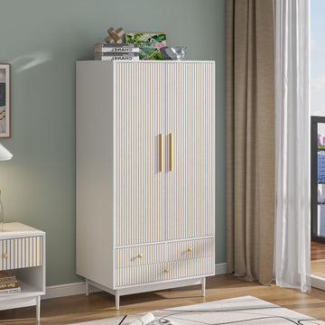 Armoire Wardrobe Closet with 2 Doors, Wardrobe Cabinet with Hanging Rod and Drawers, Wooden Closet for Bedroom, White