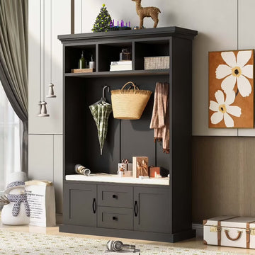 Stylish Hall Tree, 47.2" Coat Hanger, 3-in-1 Multiple Functions Entryway Bench with 3 Open Storage Shelves, 3 Metal Double Hooks and Shoes Storage Space, for Livingroom Hallway, Black