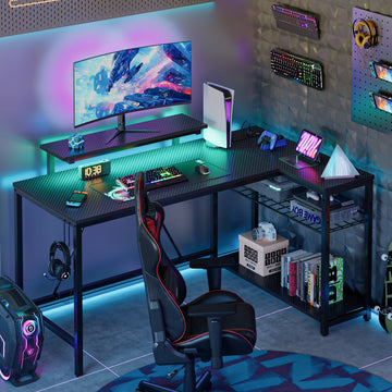 Bestier 52" Gaming Desk with LED Lights L Shaped Desk with Power Outlet & Monitor Stand Corner Computer Desk in Carbon Fiber