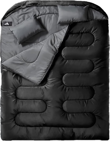 Double Sleeping Bag for Adults Mens with Pillow, XL Queen Size Two Person Sleeping Bag for All Season Camping Hiking Backpacking 2 Person Sleeping Bags for Cold Weather & Warm