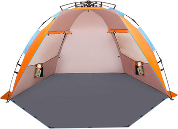 X-Large 4 Person Beach Tent Sun Shelter - Portable Sun Shade Instant Tent for Beach with Carrying Bag, Stakes, 6 Sand Pockets, Anti UV for Fishing Hiking Camping, Waterproof Windproof, Orange