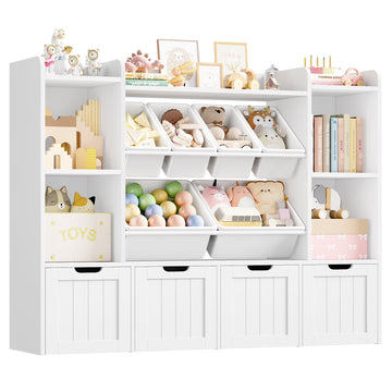 Hiphuta 3 Tier Kids Bookcase with Toy Storage Organizer, Wood Toy Organizer of 6 Boxes & 4 Removable Drawers, White