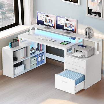 Dextrus 65" L Shaped Desk with Power Outlets and Monitor Stand , Computer Desk with LED Light &File Cabinet, Corner Desk with 3 Drawers & 4 Open Storage Shelves, Modern Home Office Desk, White