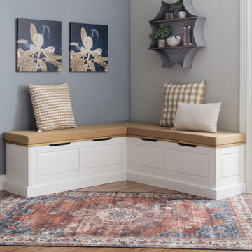 Linon Romero Backless Corner Nook with Storage, 5-Piece Cushion Set, Natural/White/Beige