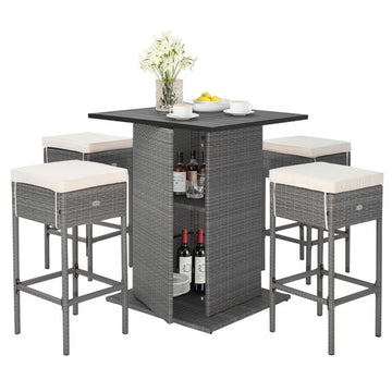 Topcobe 5 Pieces Outdoor Wicker Bar Table Set with Hidden Storage Shelves, Outdoor Patio Furniture for Garden Backyard Pool Deck-White