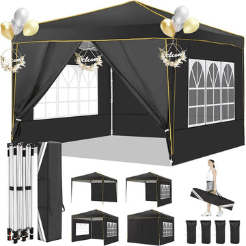 HOTEEL 10x10 Pop up Canopy with Sidewalls,Waterproof Tent for Parties Wedding Event,Instant Outdoor Gazebos with Carry Bag,Stakes,Ropes & Sandbags,Black