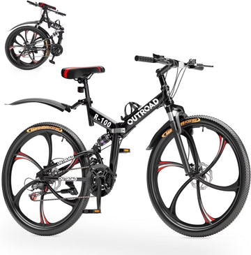 SUNCROWN 26 Inch Folding Mountain Bike, 21 Speed Full Suspension High-Carbon Steel MTB Foldable Bicycle, Dual Disc Brake Non-Slip Folding Bikes for Adults/Men/Women, Black