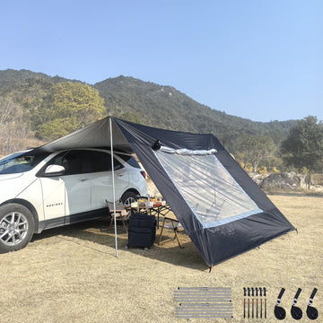 118x196in Car Side Awning with Pole Outdoor Camping Tent Tarp Waterproof Canopy Shade Sun Shelter with mesh
