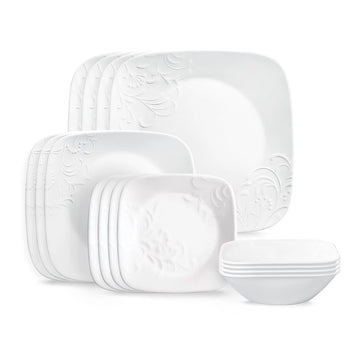 Corelle Cherish 16-Piece Embossed Square Glass Dinnerware Set (Service for 4)