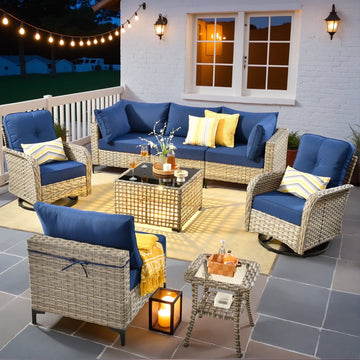 Ovios 8 Pieces Patio Furniture Outdoor Conversation Set Rattan Wicker Outside Sectional Sofa with Swivel Chairs & Solar Light Table, Navy Blue