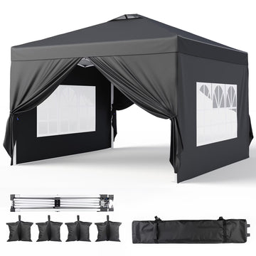 10'x10' Pop-up Canopy Tent with 4 Removable Sidewalls Lofka   Portable Outdoor Canopy with 4 Sandbags, 8 Stakes & Ropes Perfect for Beach, Party, Patio & Yard Events, Black