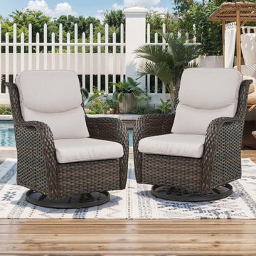 POCASSY Patio Swivel Chairs, Outdoor Wicker Swivel Glider Rocking Chairs with High Back and Thick Cushions for Porch Deck - Set of 2, Beige