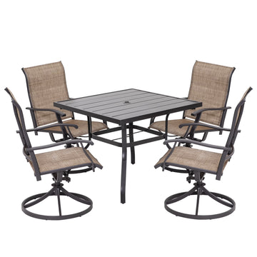Nuu Garden 5 Piece Outdoor Patio Dining Set, Metal Patio Furniture Set 4 Textilene Swivel Chairs and 37" Square Iron Umbrella Dining Table,Black and Brown