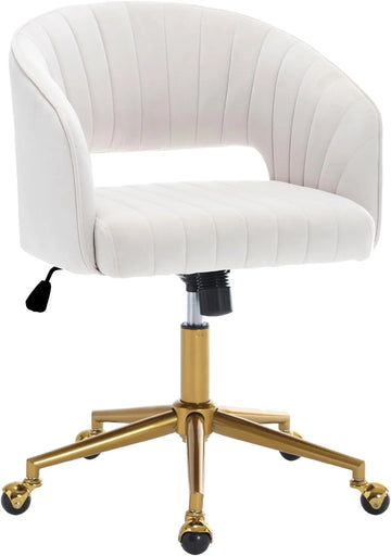 Home Office Swivel Desk Chair, Modern Velvet Vanity Chair, Height Adjustable Armchair with Gold Base, Ergonomic Office Chair for Task Study Computer Room, Beige