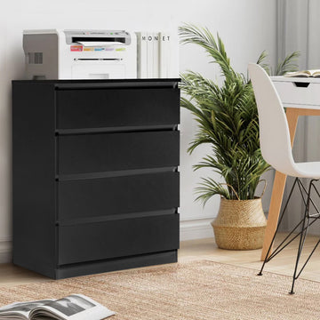 UHOMEPRO Black 4 Drawer Dresser, Modern Wood Night Stand Chest Organizer with 4 Drawers for Bedroom, Simple Design Chest of Drawers for Family Room and Bedroom, Black