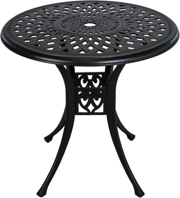 30.3 Inch Round Patio Table Cast Aluminum Patio Table,Metal Patio Dining Table with Umbrella Hole,All Weather Outdoor Bistro Dining Table for Backyard, Garden, Balcony, Black