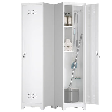 Marcree 65" H Slim Broom Storage Cabinet, Metal Broom Closet with Shelves and Hanging Rod, Utility Cabinet for Brooms and Mops, Tall Cleaning Storage Cabinet for Kitchen, Pantry, Office, Shop, Garage