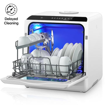 FOHERE Countertop Dishwasher with 6H Delay Cleaning, Portable Dishwasher w/5L Built-in Water Tank, 6 Programs, 360Dual Spray, High-Temp