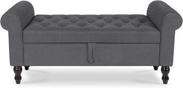 Storage Bench with Upholstered Rolled Arm Ottoman Bench Couch w/ Solid Wood Legs for Bedroom End of Bed,and Living room,Gray