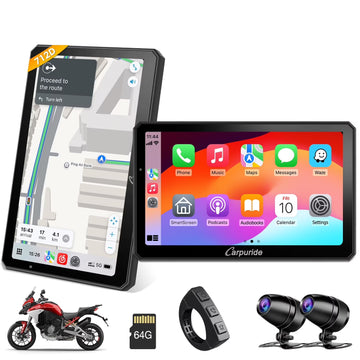 Carpuride Motorcycle HD Dual 1080P Dash Cam, Wireless Apple CarPlay & Android Auto Wire Control, Horizontal  Vertical Rotation 7" Touch Screen (712D)