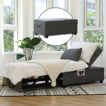 Cynefin Sleeper chair - ottoman bed, chair beds sleeper, 4 in 1 convertible chairs into beds with Lumbar Pillow 3 Side Pockets Linen Fabric Tufted for Living Room Grey