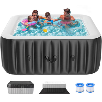Sunyrisy 4-6 Person Inflatable Hot Tub, Square Blow Up Portable Hot Tub, Leak-Proof PVC Outdoor Spa with 130 Strong Air Jets, Heater Pump and Insulated Cover, 73 X 73X 25