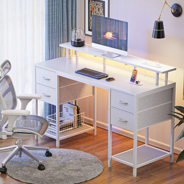 55.1" LED Gaming Desk with Drawers, Computer Desk with Outlets, Office Desk with 4 Drawers, Corner Desk, Writing Desk in White