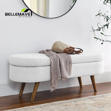 Bellemave Modern Storage Ottoman for Living Room, Linen Upholstered Bench with Solid Rubber Legs, Entryway Bench/Storage Bench for Bedroom(White)
