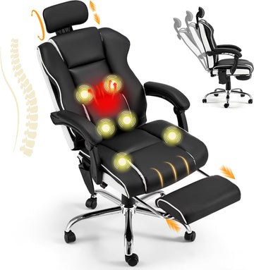 HOMREST 6-Point Massage Office Chair with Footrest, Heated Executive Office Chair with Reclining Backrest, Ergonomic Gaming Chair with Padded Armrest, Black
