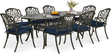 9-Piece Patio Dining Set, Outdoor Patio Table and Chair Set of 84 Oval Cast Aluminum Dining Table with Umbrella Hole and 8 Outdoor Dining Cushion Chairs, Patio Funiture Set for Garden, Navy