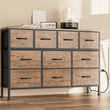 GIKPAL Dresser TV Stand, 10 Drawer Dresser for Bedroom with Power Outlet, Chest of Drawers for 55" Long TV, Fabric Dresser for Storage and Organization, Brown