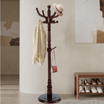 Coat Rack Freestanding, Hall Tree with 11 Hooks, Heavy Duty Wooden Coat Tree Stand, Adjustable Height, Sturdy Base for Bedroom Hallway Office - Load 270lbs