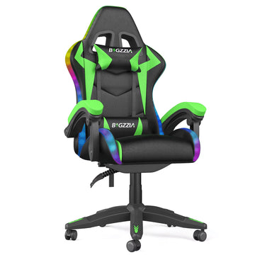 Bigzzia Gaming Chair with LED Lights Ergonomic Office Chair for Adults and Kids - Adjustable Height, 360 Swivel, Headrest Support, Mesh PU Leather, Black & Green