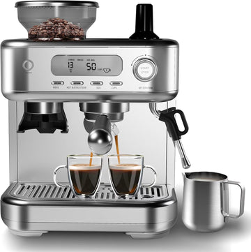 Espresso Machine with Grinder, Professional Coffee and Espresso Maker Combo, Stainless Steel Cafe Espresso Machine with Steam Wand Barista Kit for Cappuccino Latte