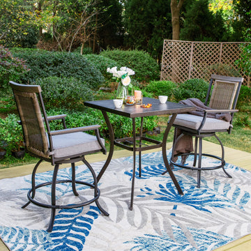 Sophia & William 3 Pieces Patio Outdoor Bar Stools Bistro Set Rattan Wicker Chairs & Square Metal Table Furniture Set