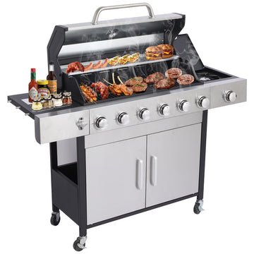 CIG GARDEN 6-Burner Propane Gas Grill With Side Burner,Double-layer Stainless Steel BBQ Grill Lid with Cast Iron Grates and Thermometer,Outdoor Barbecue Grill with 73000 BTU Output