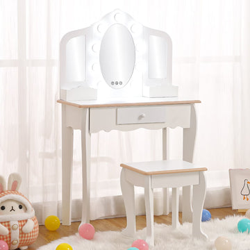 COZONY 3 Piece Modern Adult Vanity Table Set with LED Lights and Makeup Toy Set, Pink