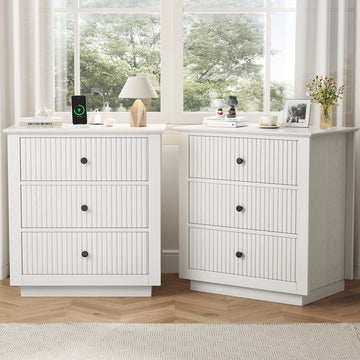 IDEALSOUL Nightstand Set of 2, 24" Wide End Table with Storage, Fluted Nightstand with USB Charging Station, Large 3 Drawers nightstand for Bedroom Living Room(2pc, White)