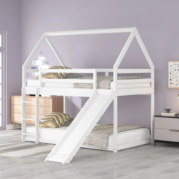 KOFUN House Bunk Beds with Slide, Wood House Bunk Bed Twin over Twin, Kids Bunk Bed with Roof, Slide Bunk Beds with Ladder for Girls, Boys, White