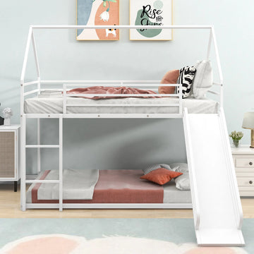 Euroco Twin over Twin House Bunk Bed with Ladder and Slide for Bedroom, White