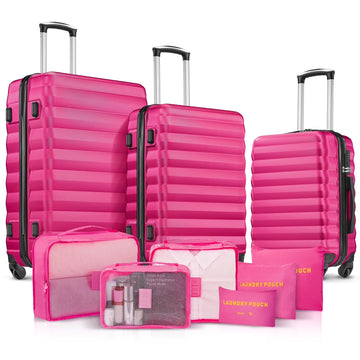 9 Piece Luggage Sets, Hard 20 24 28 inch Luggage with 6 Pieces Organize Bags Travel Suitcases Sets with Wheels, Rose