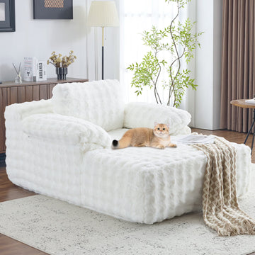 Ktaxon 68" Lounge Chair, Bubble Fleece Fabric Sofa Bed, Boneless Sleeper Chaise with Removable Backrest & Pillow-Top Armrests for Living Room White