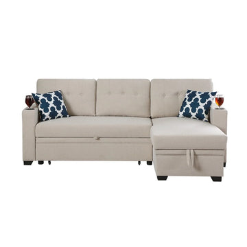 Reversible Fabric Sleeper Sofa Bed & Chaise with Cup Holder-Beige