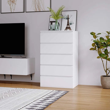Homfa 5 Drawer White Dresser, Modern Storage Cabinet for Bedroom, White Chest of Drawers Wood Organizer for Living Room