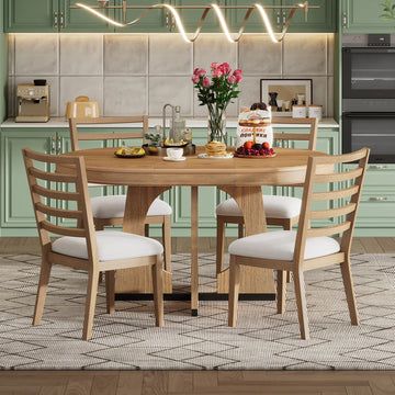Atumon Round Dining Room Set for 4, Dining Set Furniture with Extendable Table and 4 Upholstered Chairs, 5 Piece Wood Dining Table Set, Farmhouse Dining Table Set for Kitchen Dining Room, Natural